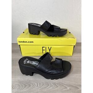 Fly London TECH493FLY Mousse Women's Black Leather Slip on Sandals Size 38 US 7